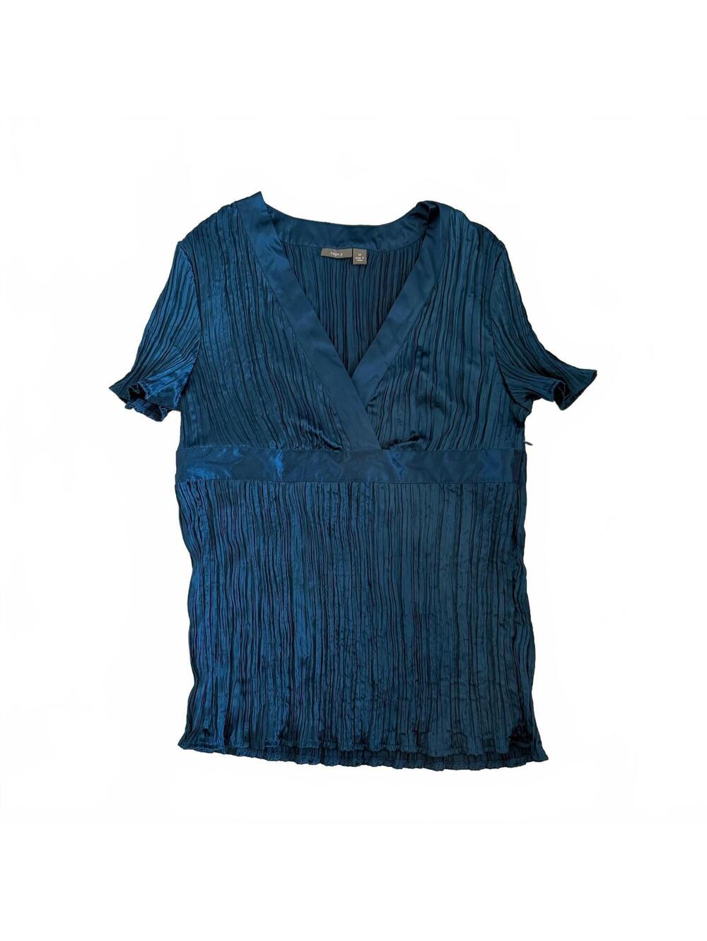 Apt 9 Plisse Blue Pleated Short Sleeve V-Neck Blouse Mermaid Office School